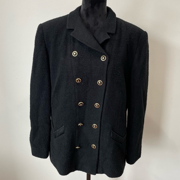 Louis Feraud Black Textured Wool Double Breasted Short Peacoat Size 16